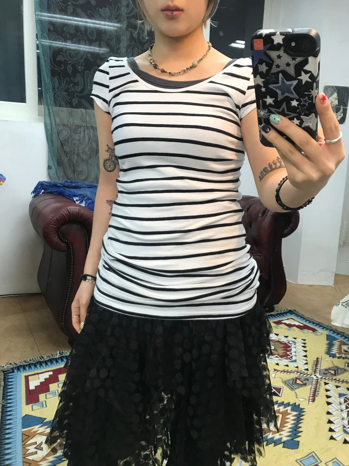 여성 스트라이프 롱 반팔티  상품이미지2