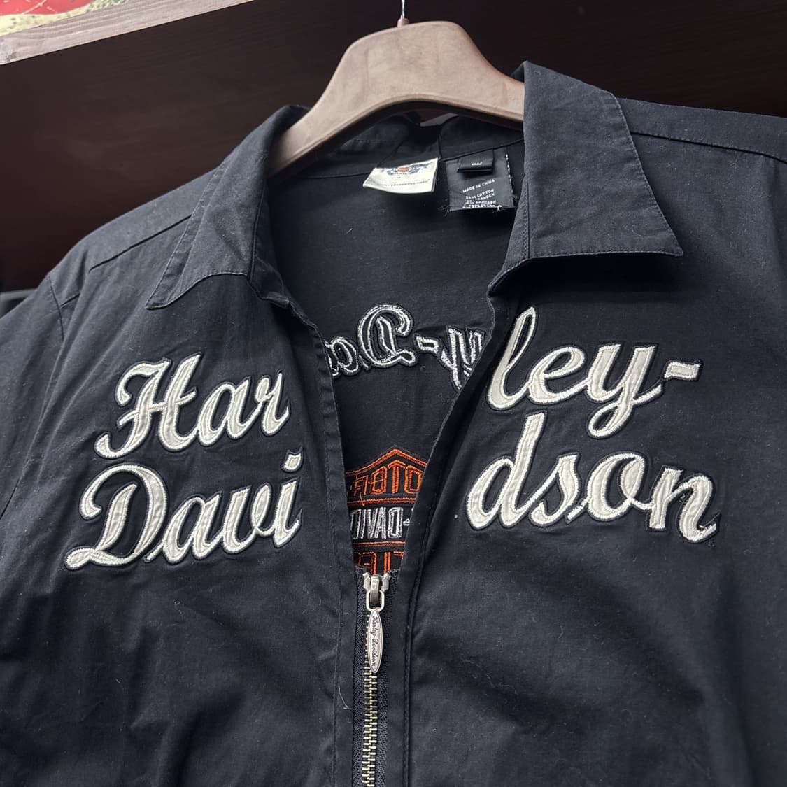 할리데이비슨 Y2K 스판라이닝 윙로고 패치 오픈카라 집업셔츠 N1069 상품이미지6
