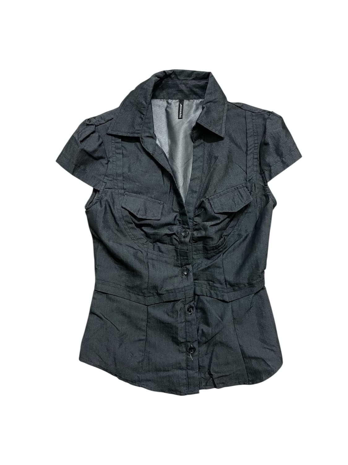 빈티지 셔링 포켓 슬림핏 레이어드 블라우스 오네갸루로걀탑베메클핀터깔00s 상품이미지4