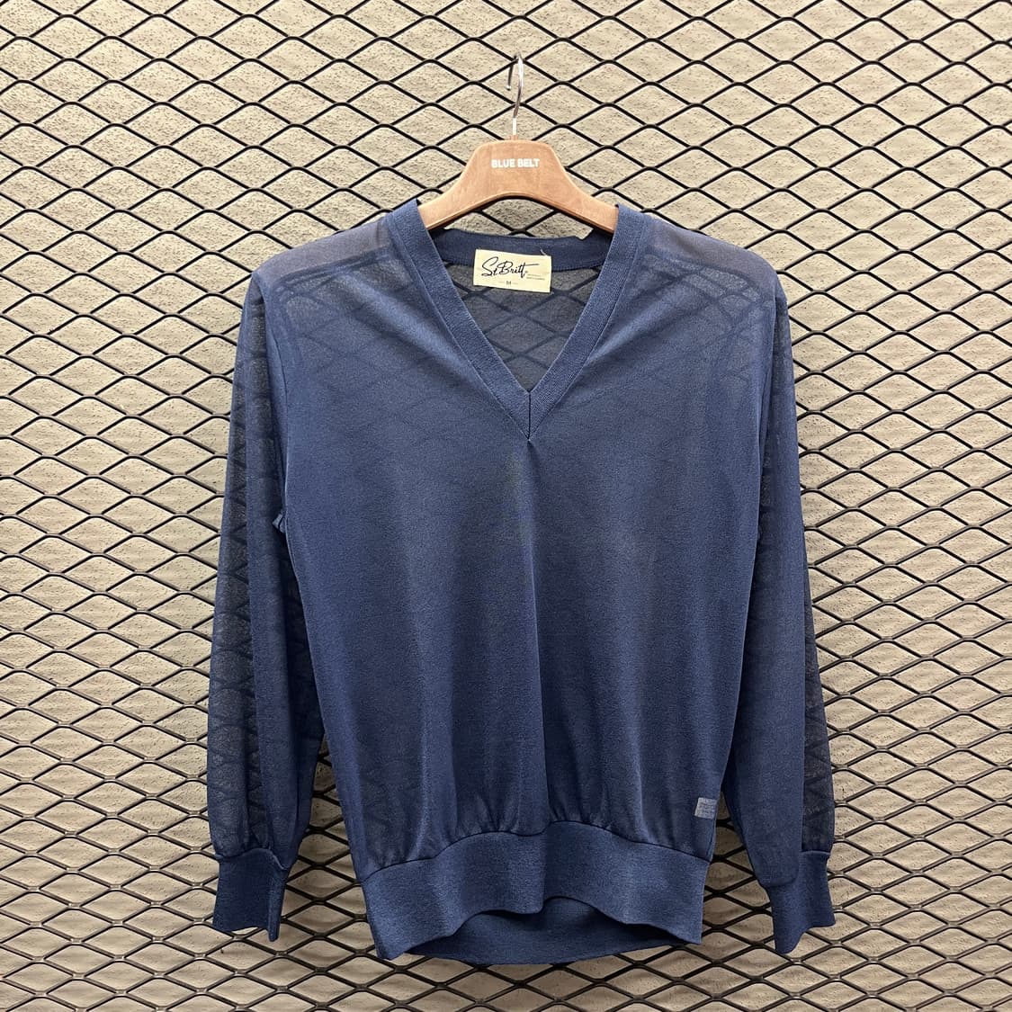 JPN VINTAGE 긴팔 탑 브이넥 시스루 포인트 무지 니트 네이비 상품이미지2