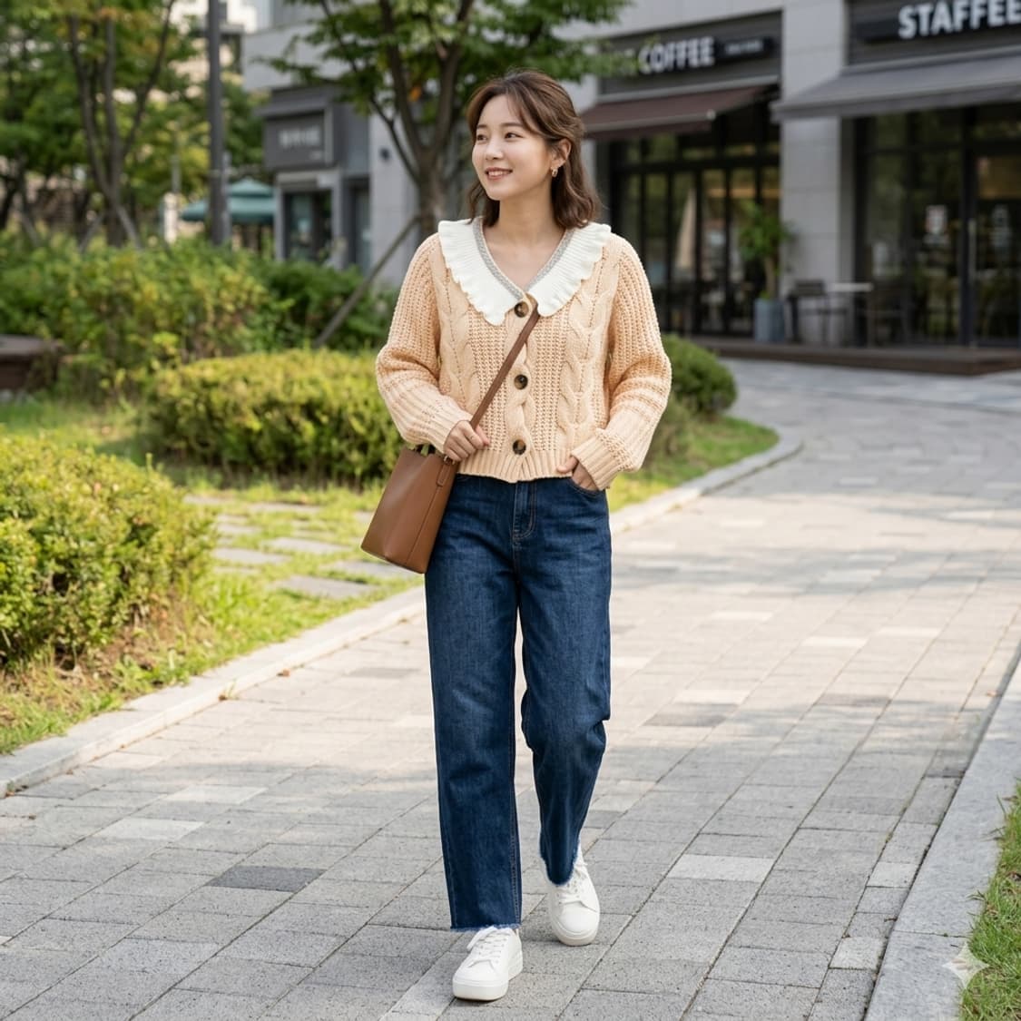 Awesome(어썸) 배색 프릴 칼라 케이블 니트 가디건 상품이미지1