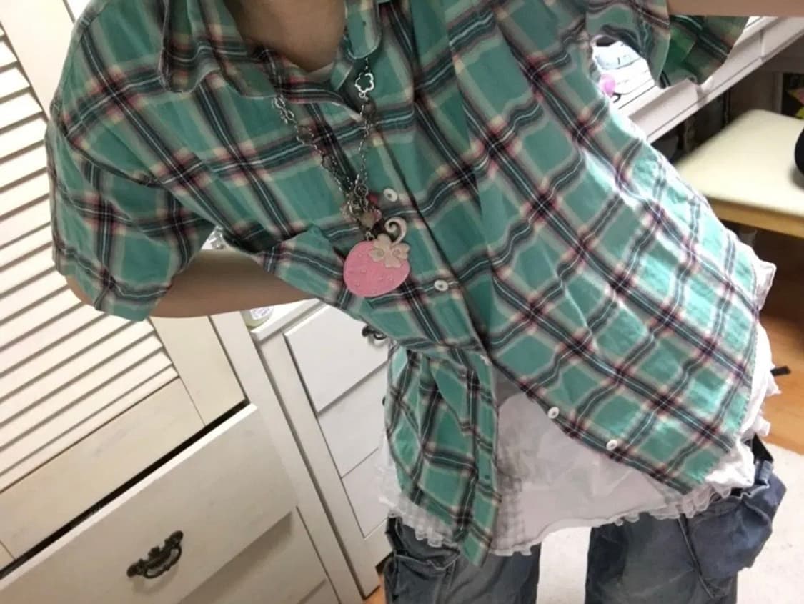 민트 체크 반팔 셔츠 남방 하구미 일본빈티지 카모메산장 마루빈티지 상품이미지1