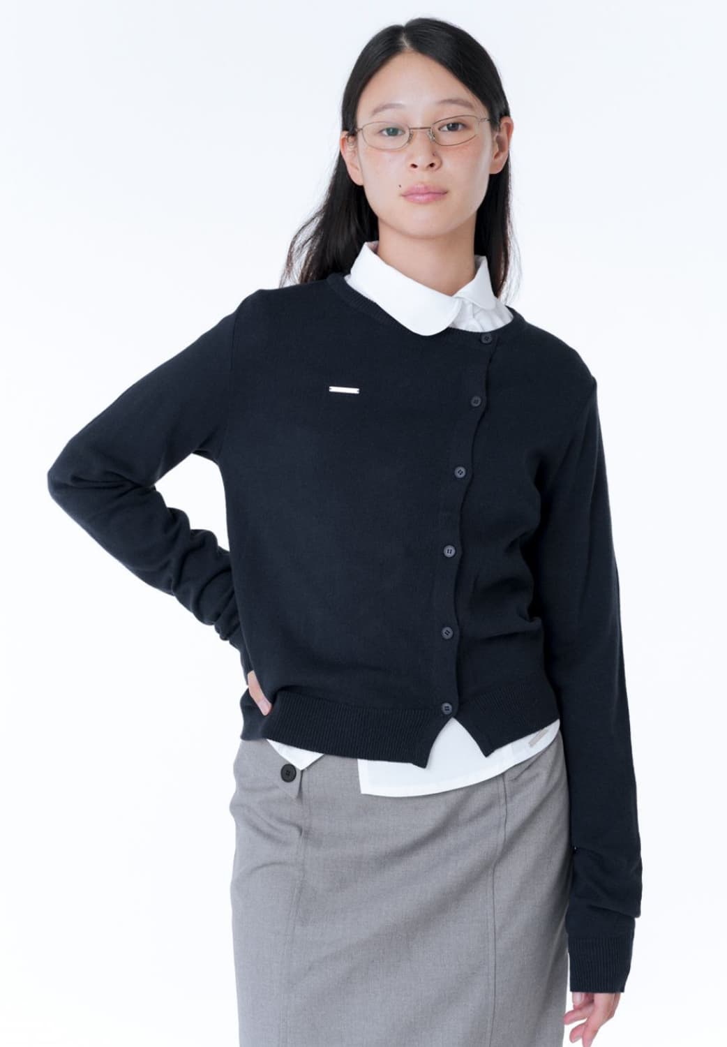미세키서울 Unbalanced knit cardigan, navy 상품이미지2