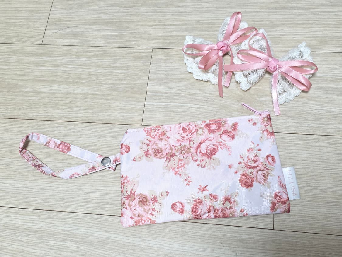 리즈리사 일본빈티지 고전)로즈장미 핑크 히메갸루 새틴파우치 상품이미지1