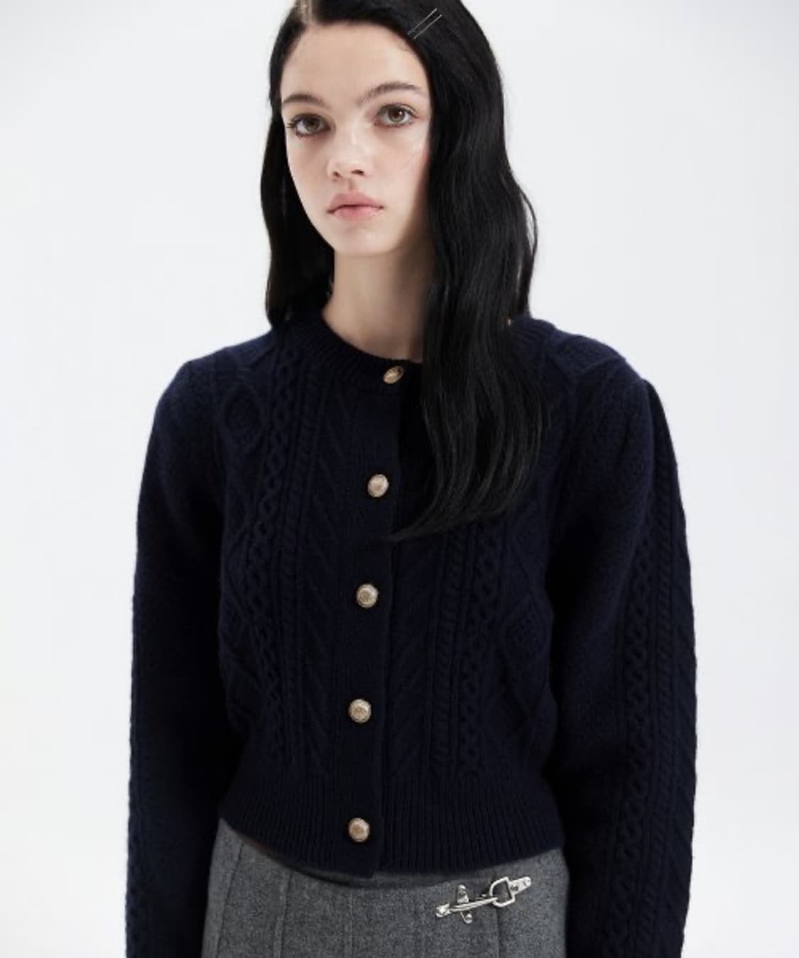 해바이해킴 슈퍼파인울 케이블 니트 가디건 S 네이비 상품이미지3