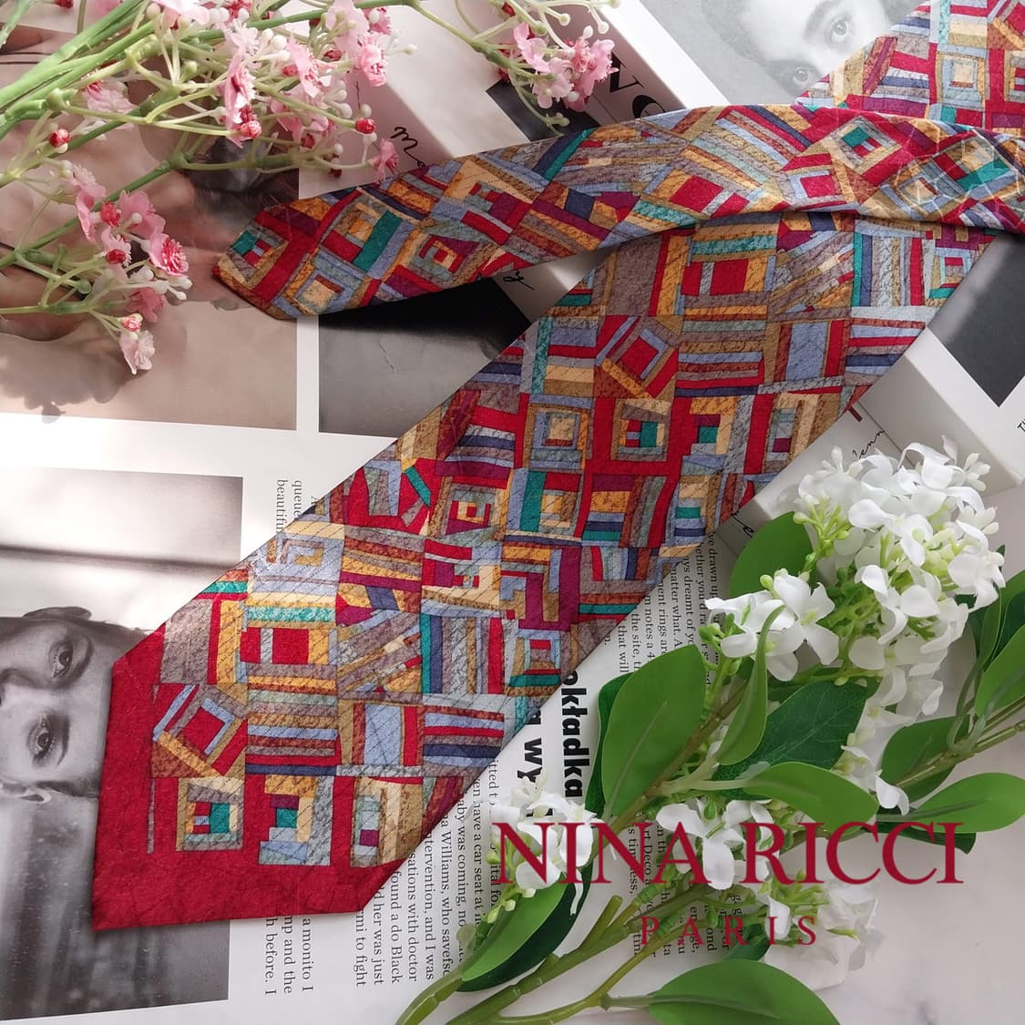 니나리치 실크 레드 믹스 패턴 넥타이 9.6cm A+등급 K2324 상품이미지2