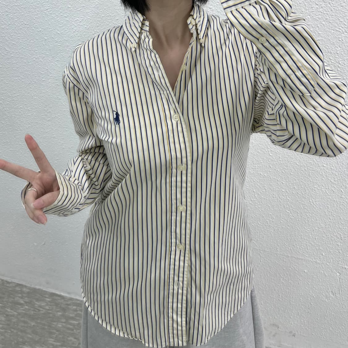 폴로 랄프로렌 네이비포니 옐로우 네이비 스트라이프 셔츠 S 상품이미지6