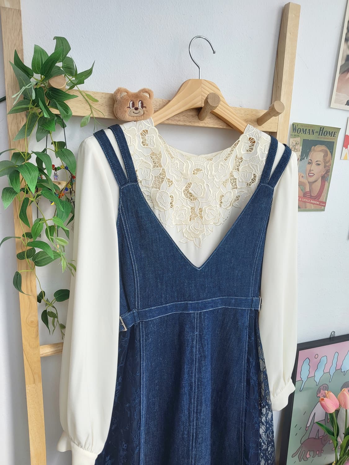 레이스 데님 멜빵 롱스커트 상품이미지2