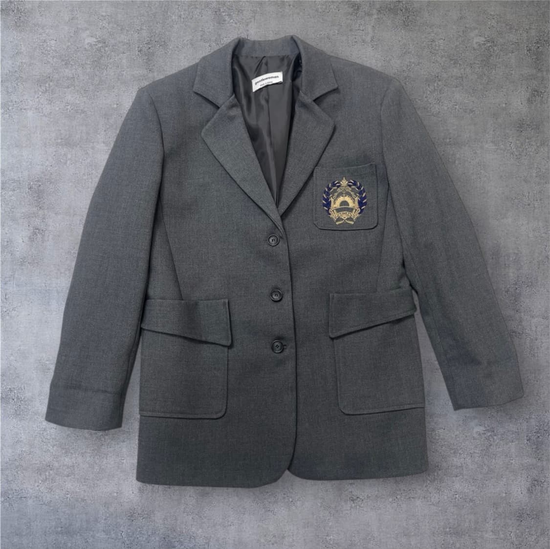 젠틀우먼 그레이 프레피룩 와펜 오버핏 자켓 카고 미니스커트 셋업 M 상품이미지2