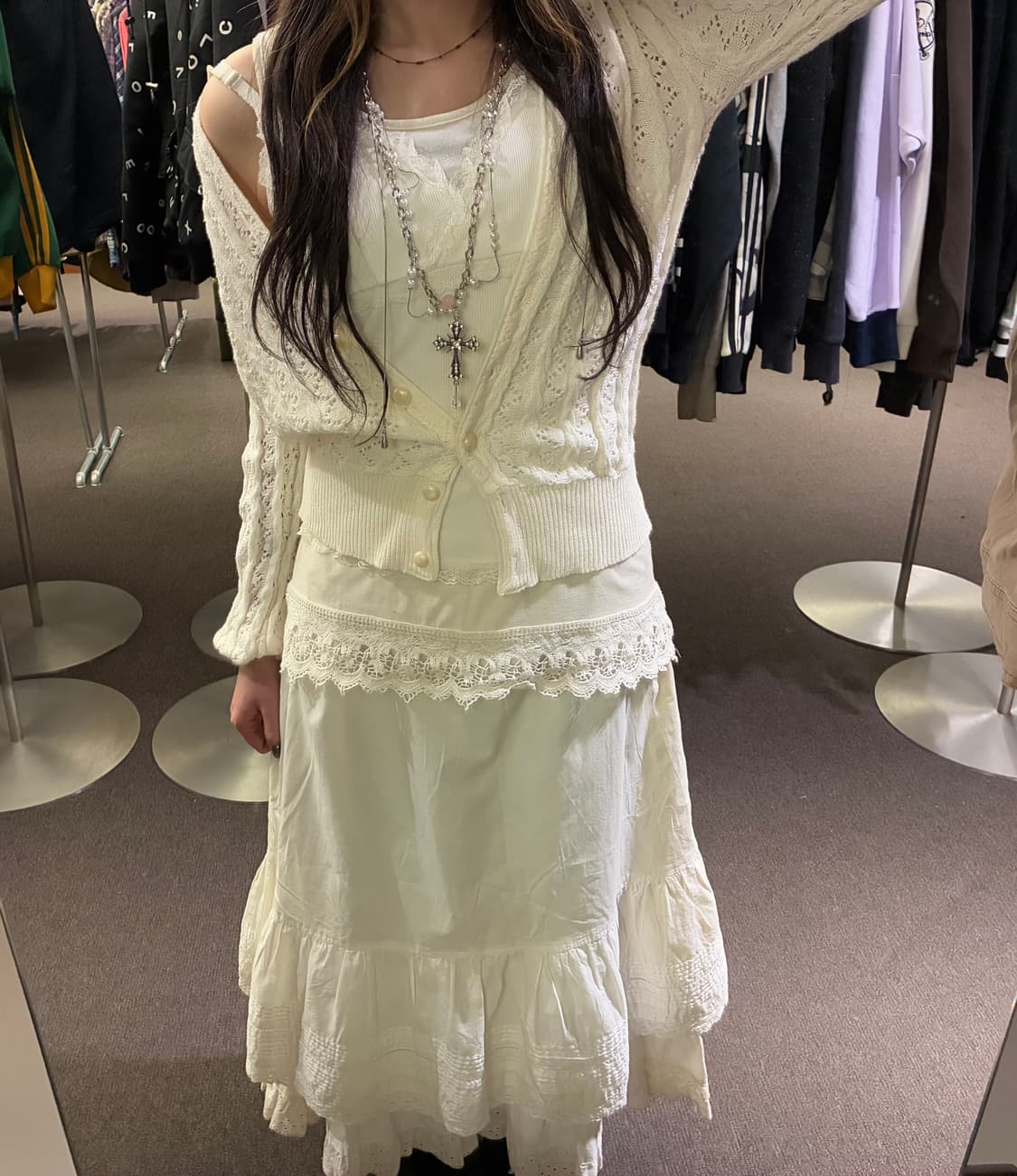 OS)Japanese vintage 여성 아이렛 패턴 v넥 니트 가디건  상품이미지2