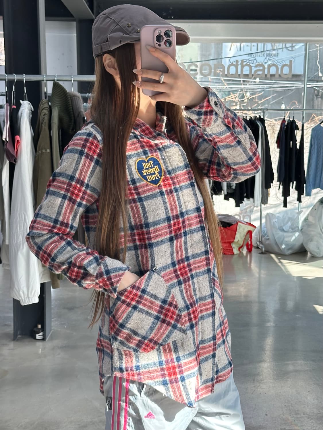 히스테릭글래머 하트로고 포켓 체크후드셔츠 상품이미지1