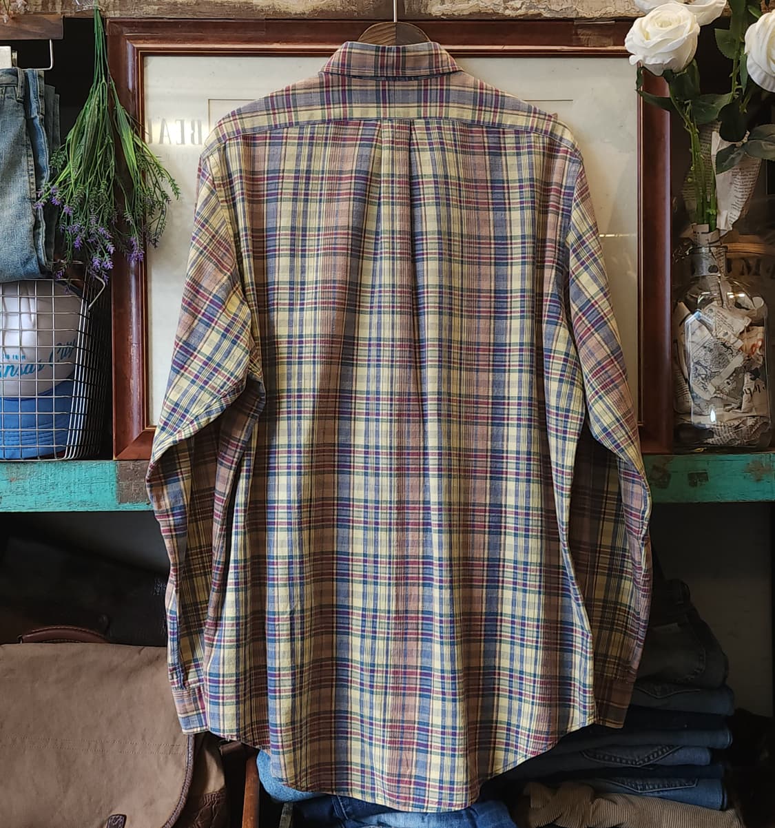 90s 폴로 마드라스 코튼 아메리칸 플란넬 체크셔츠 옐로우 L 상품이미지2