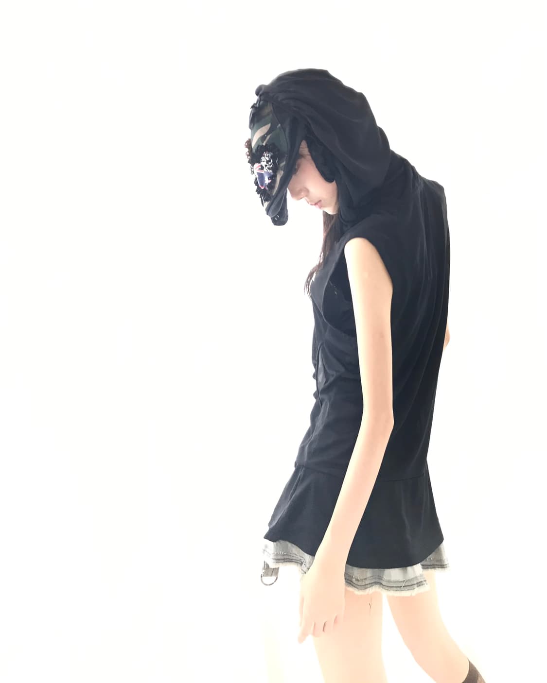 Black shirring hoodie mesh zip🤐onepiece 상품이미지5