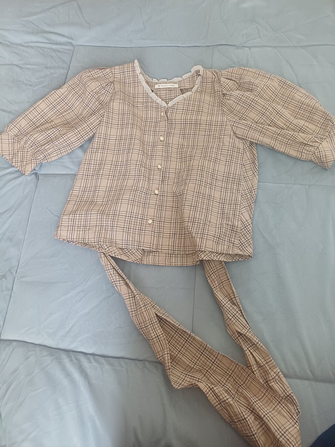 일본 빈티지 반팔 백 리본 체크 블라우스 상품이미지1