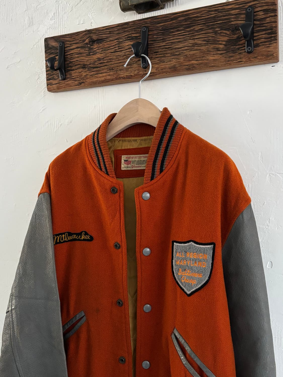 Vintage 오렌지/그레이 배색 레더슬리브 바시티 자켓 상품이미지4