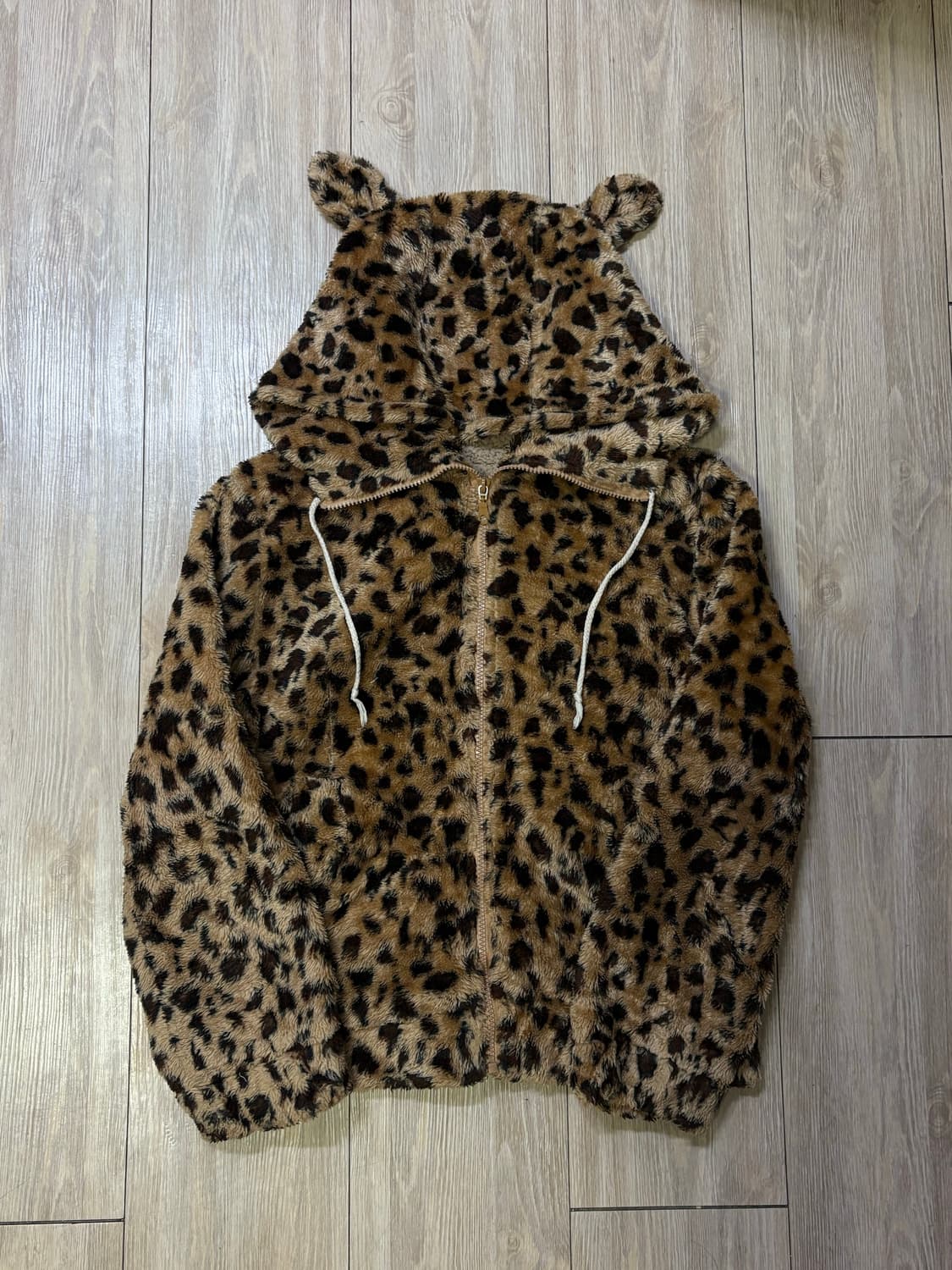 갸루 y2k 호피 레오파드 후드 퍼 집업 상품이미지1