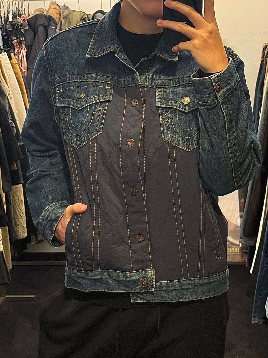 트루릴리젼 누빔 데님 믹스 트러커 청 자켓 네이비 남색 깔깔이 100 L 상품이미지1