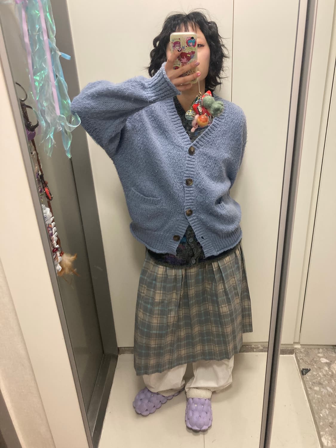 하구미룩 모리걸 스쿨룩 체크 랩스커트 하늘 가디건 케이블니트 베스트 츄바 상품이미지2