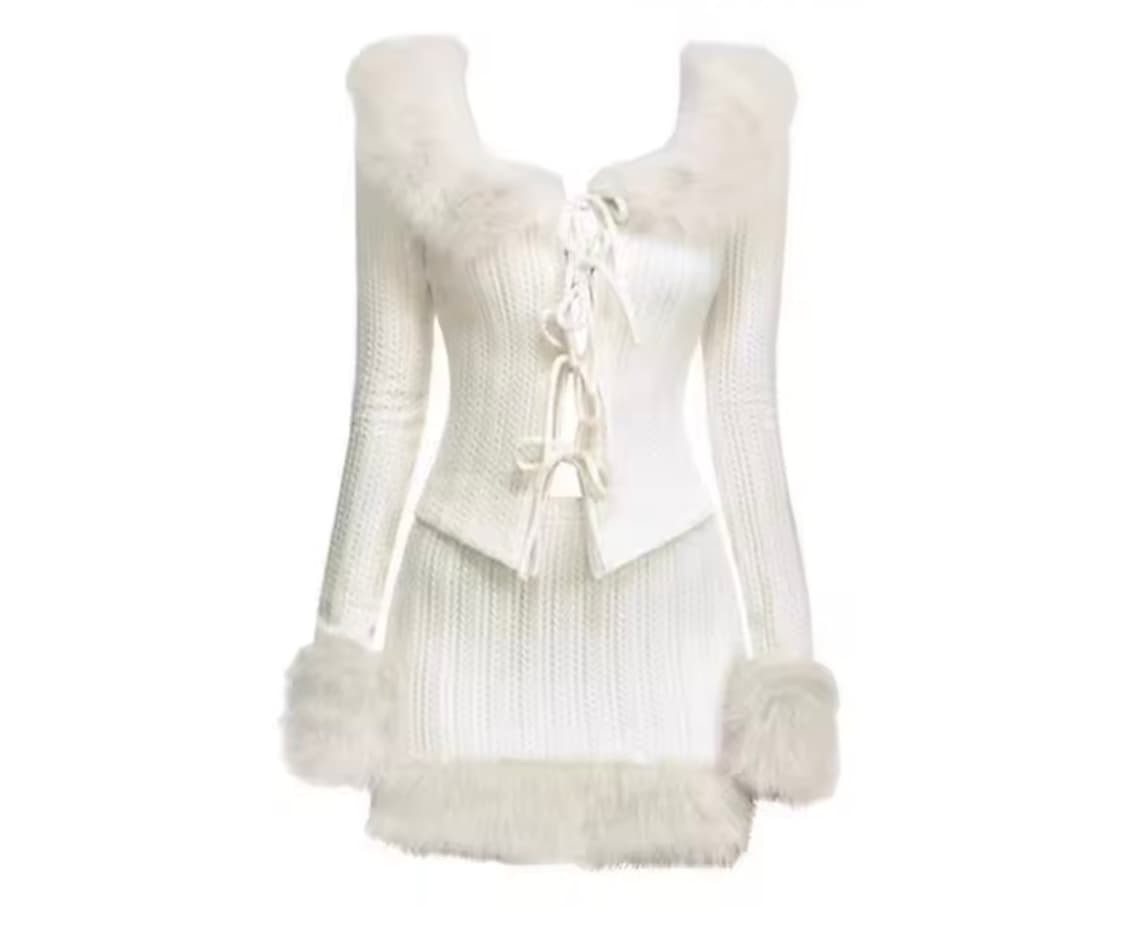 폼폼이 퍼 니트 리본 투피스 셋업 달천깔 히메갸루 상품이미지3