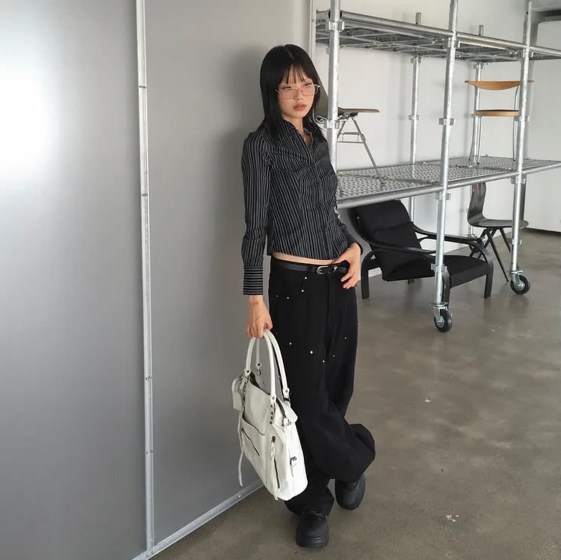 블랙 리벳 와이드 팬츠 상품이미지3