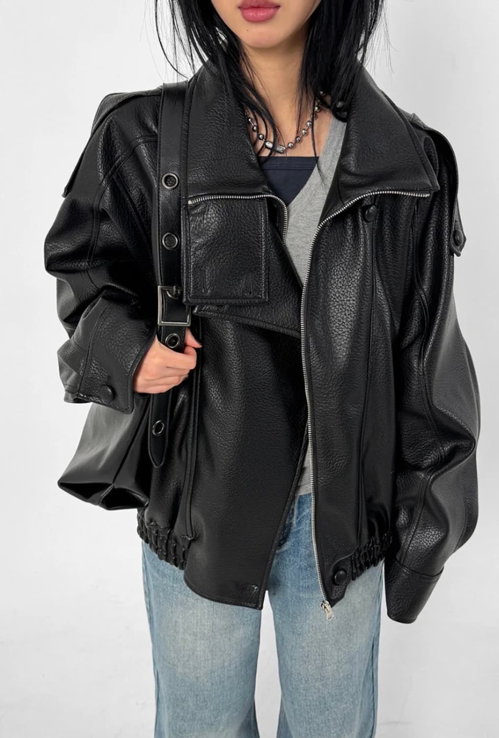 루프온 하이넥 레더자켓 상품이미지2