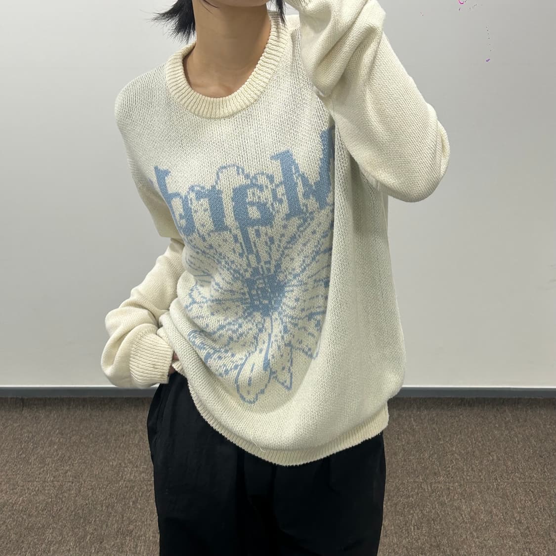 Mardi Mercredi 마르디메크르디 스카이블루 로고 아이보리 니트  상품이미지2