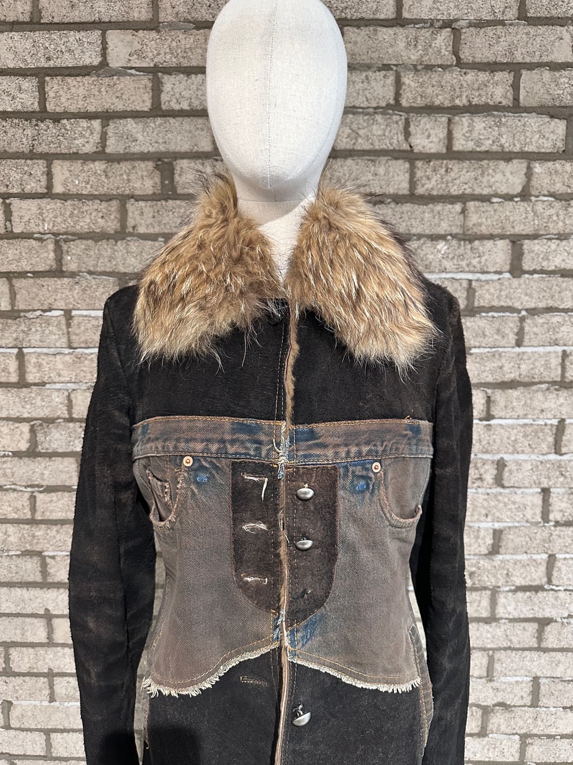 Only One 데님 패치워크 리워크 빈티지 무스탕 코트 상품이미지2