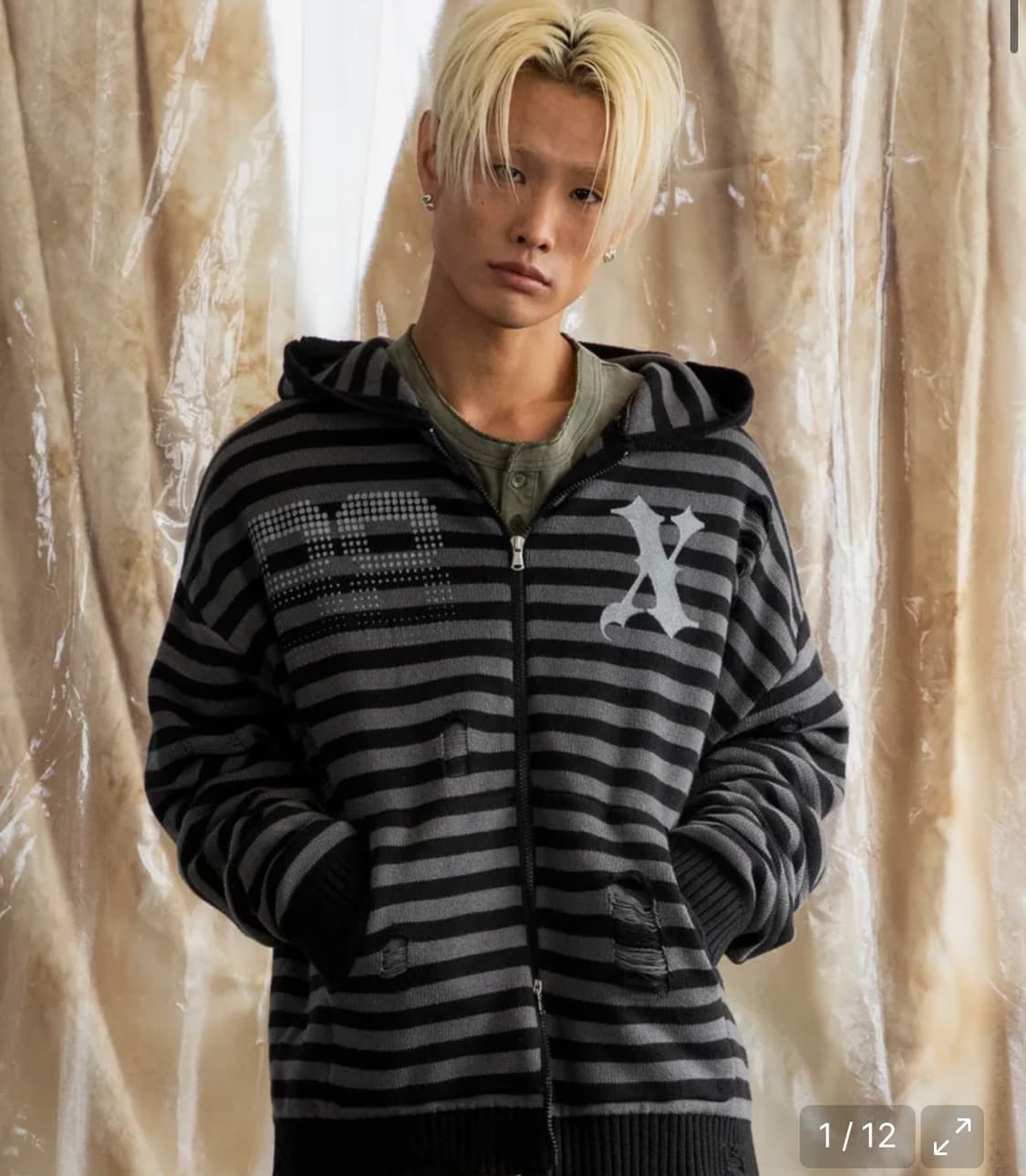 엑스톤즈 XTK131 데미지 스트라이프 니트 후드 집업 (BLACK) 상품이미지3