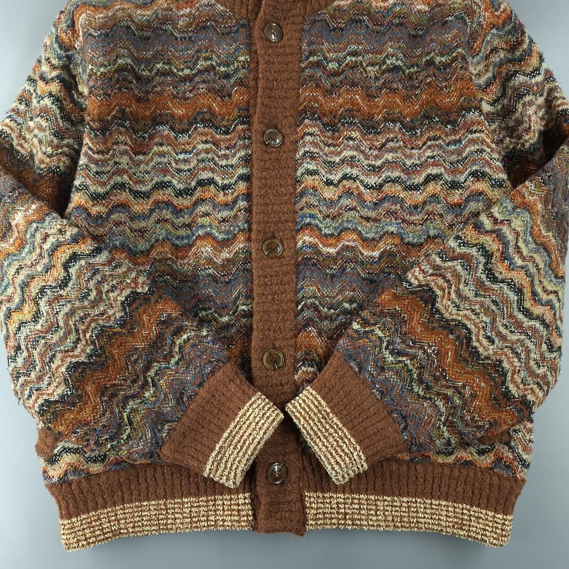 CAPERDONI 브라운 멀티컬러 에스닉 지그재그 패턴 하이넥 가디건 L 상품이미지5
