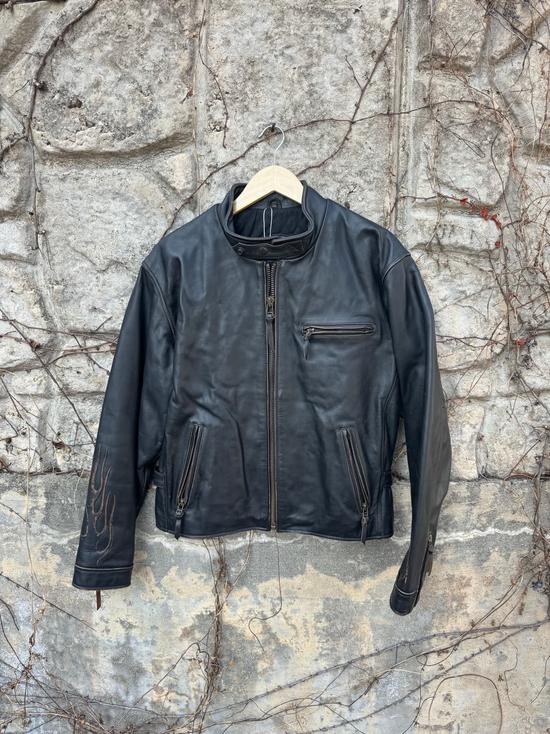 80~90s 윈드아머 입체 플레임 문양 빈티지 소가죽 싱글라이더 자켓 상품이미지1