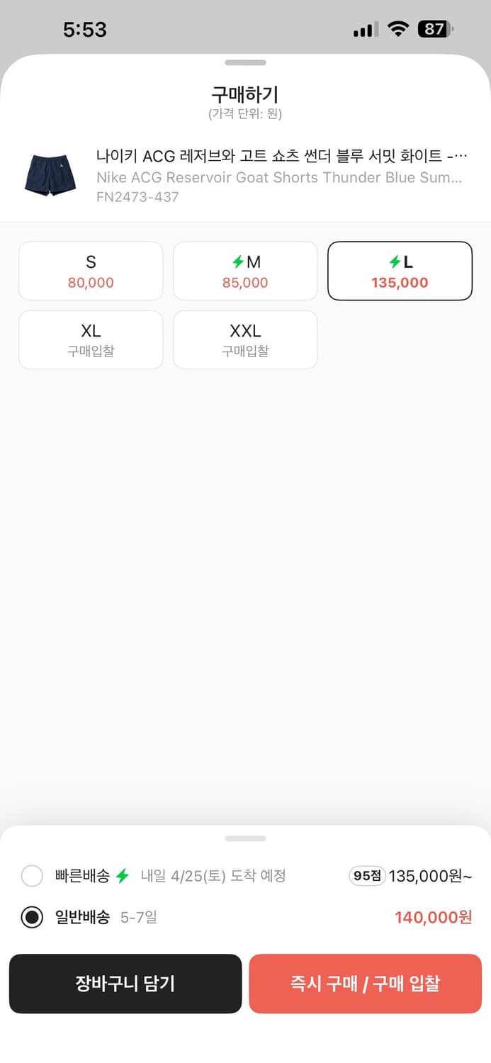 나이키 ACG 레저브와 고트 쇼츠 썬더 블루 서밋 화이트 아시아 L 상품이미지2