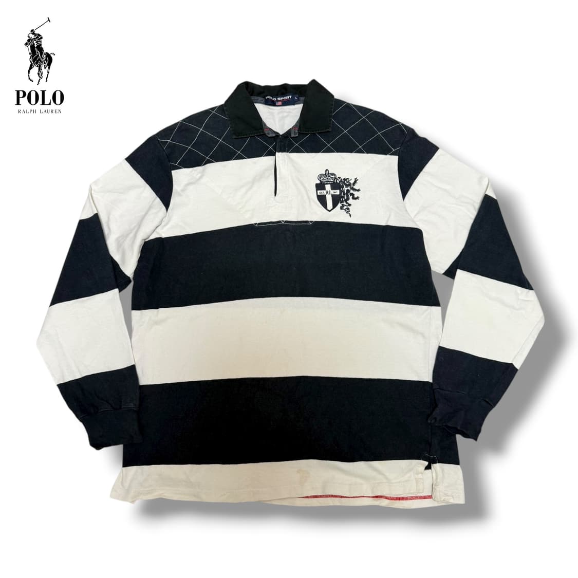 90‘s 폴로 스포츠 블랙 화이트 단가라 럭비티셔츠 상품이미지1