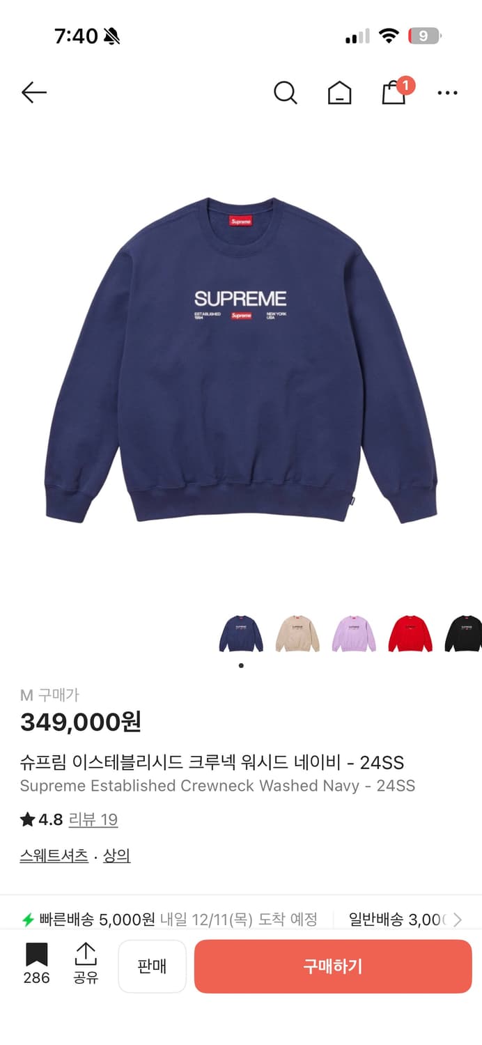 [M]슈프림 이스테블리시드 크루넥 워시드 네이비 맨투맨 상품이미지8