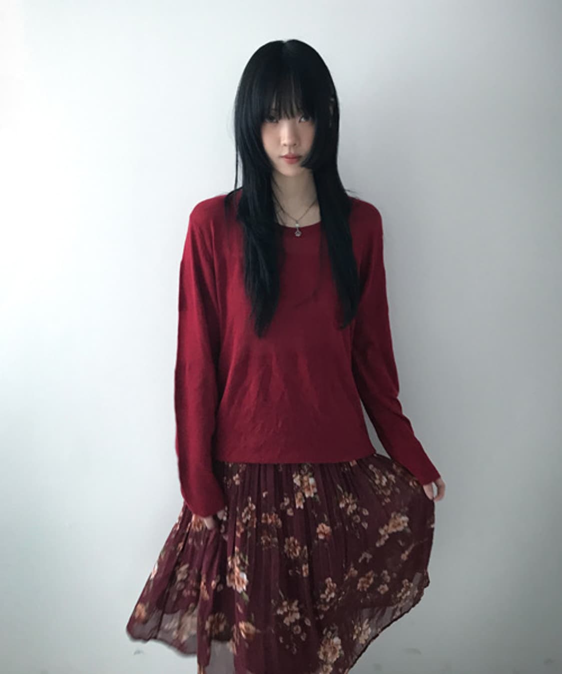 Burgundy Flower Chiffon Skirt 상품이미지2