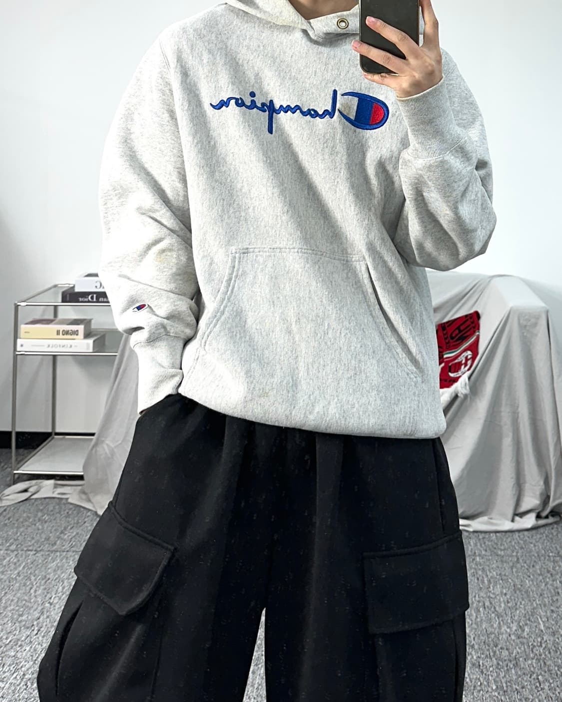 챔피온 라이트 그레이 빅로고 후드티 L 상품이미지3