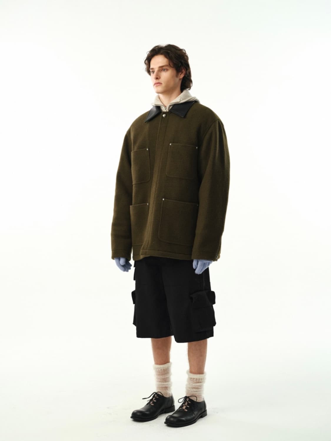 (unisex) 문선 스터드 하프 울 코트 카키브라운 상품이미지5