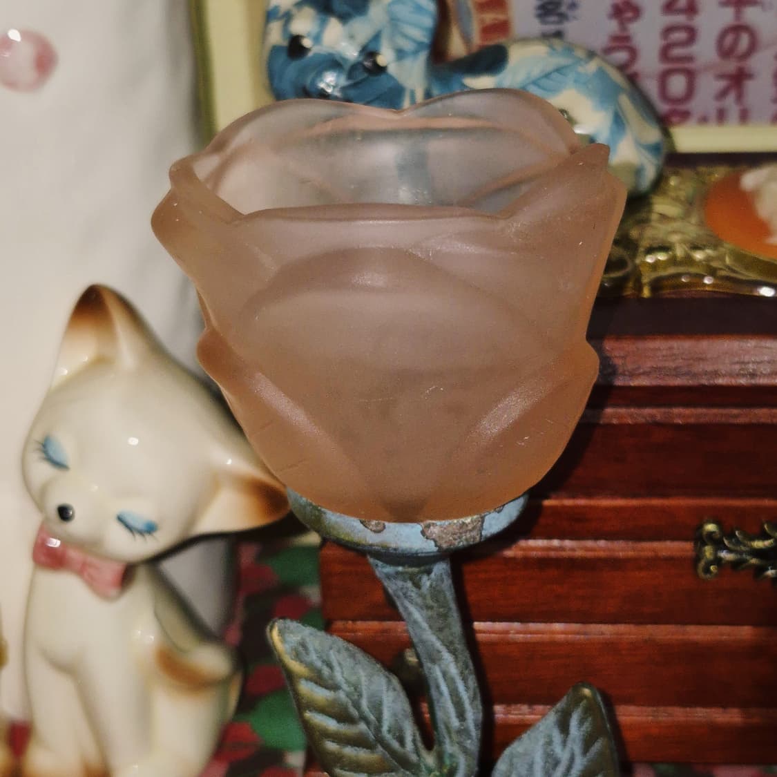 80s 엔틱 핑크 불투명 장미 촛대 상품이미지6