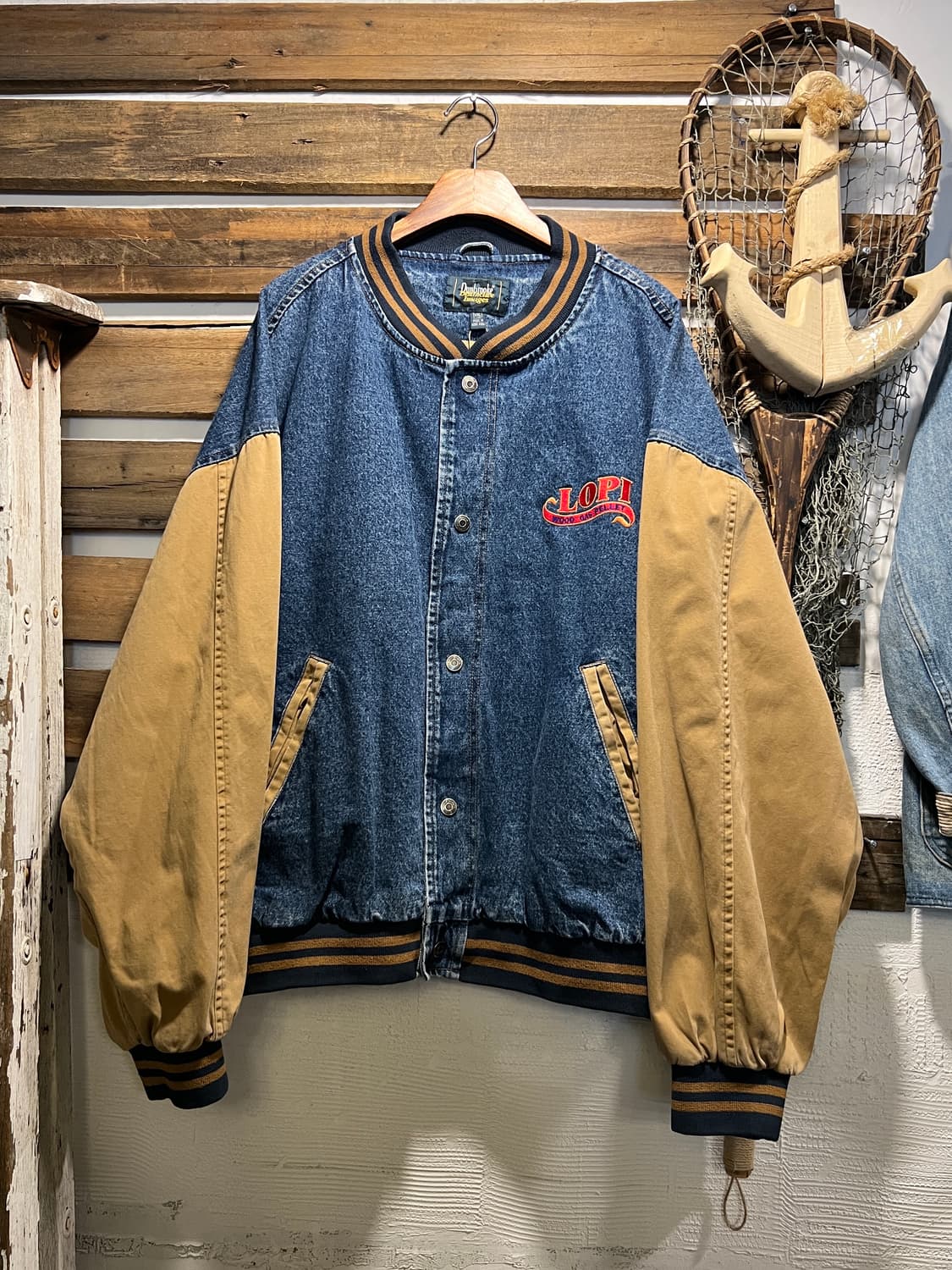 [2XL]90's USA 빈티지 워싱 LOPI 브라운 데님 바시티 자켓 상품이미지1