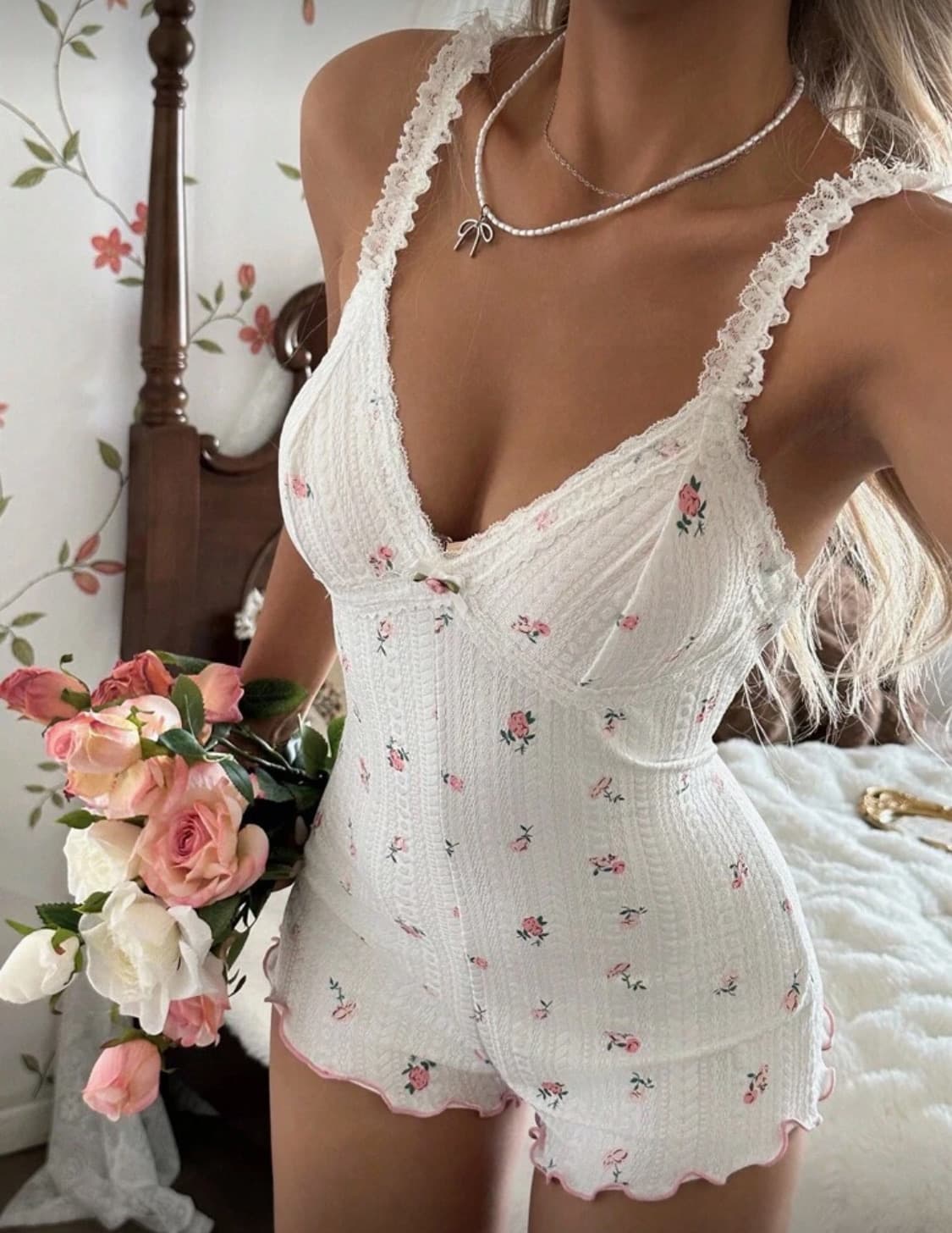 빈티지 플라워 레이스 점프슈트 란제리 파자마 상품이미지1