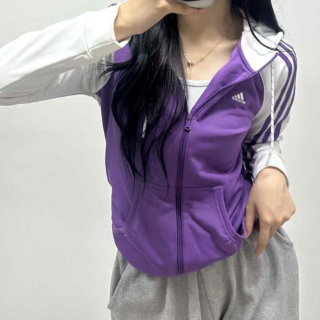아디다스 화이트 퍼플 핀터깔 스웻 후드집업 희귀져지(M) 상품이미지2