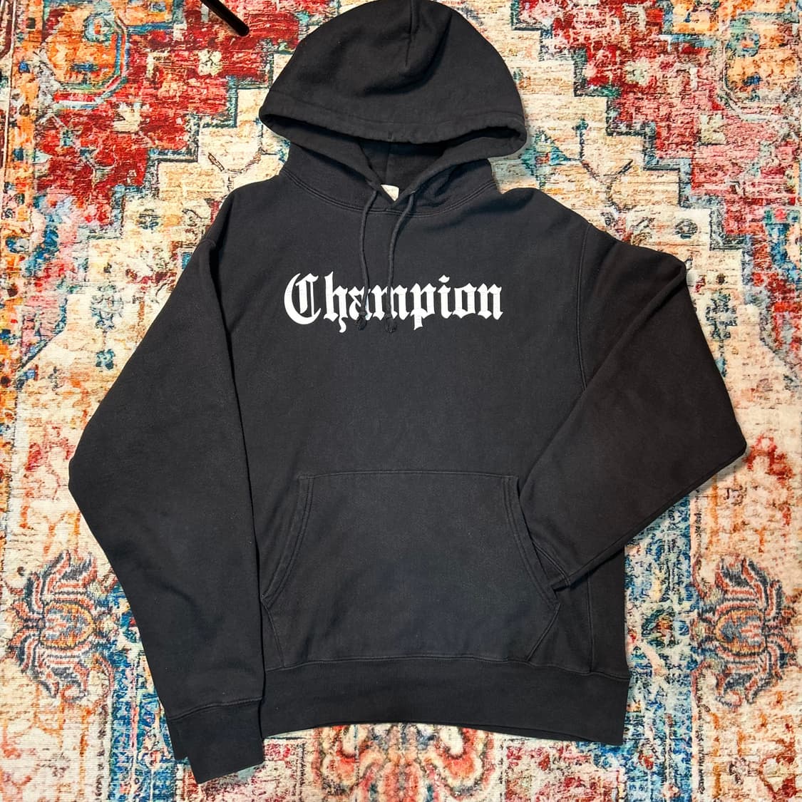 [XL] 00s 챔피온 올드 잉글리시 프린팅 리버스위브 후드티 상품이미지1