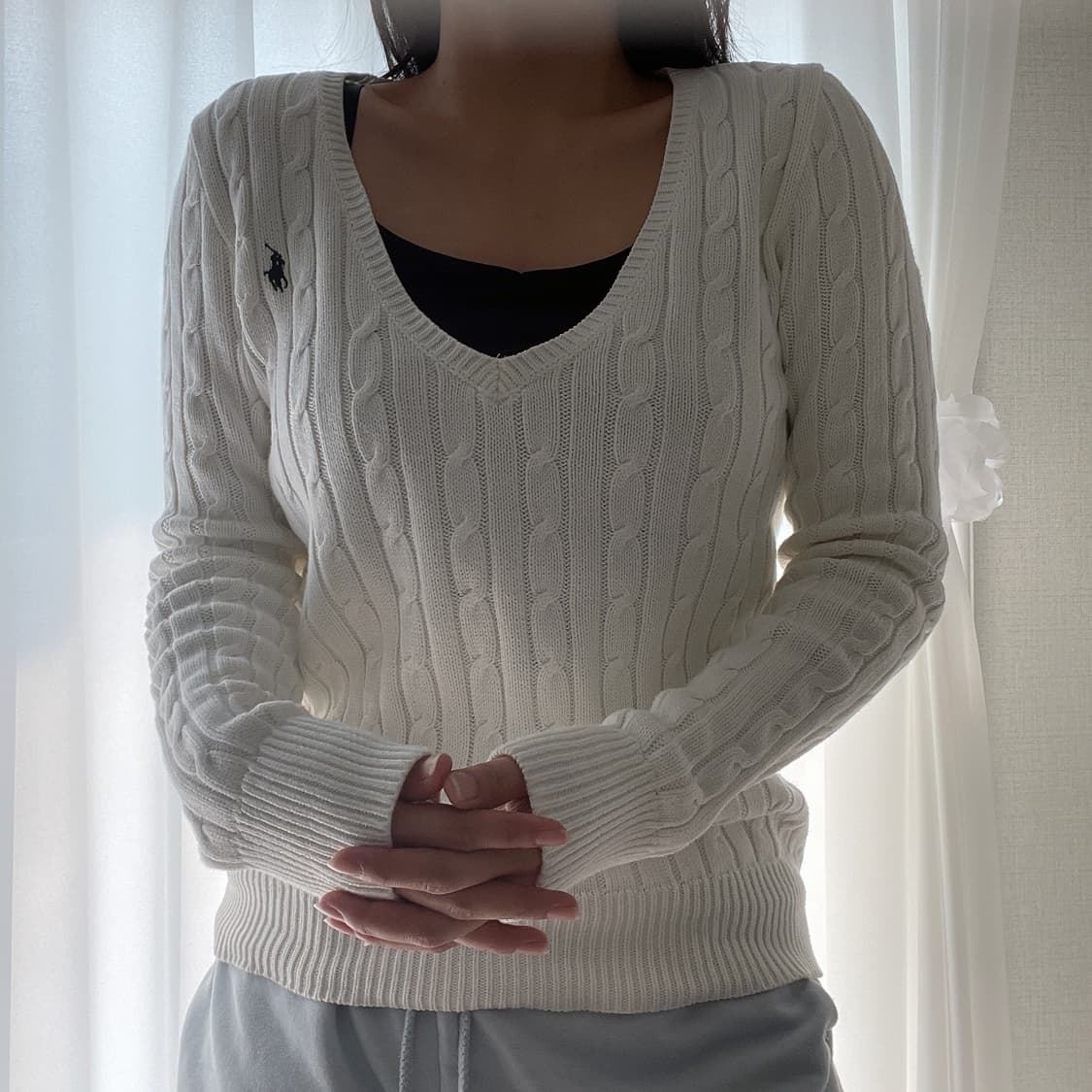 폴로 브이넥 케이블 니트 여성m 상품이미지1