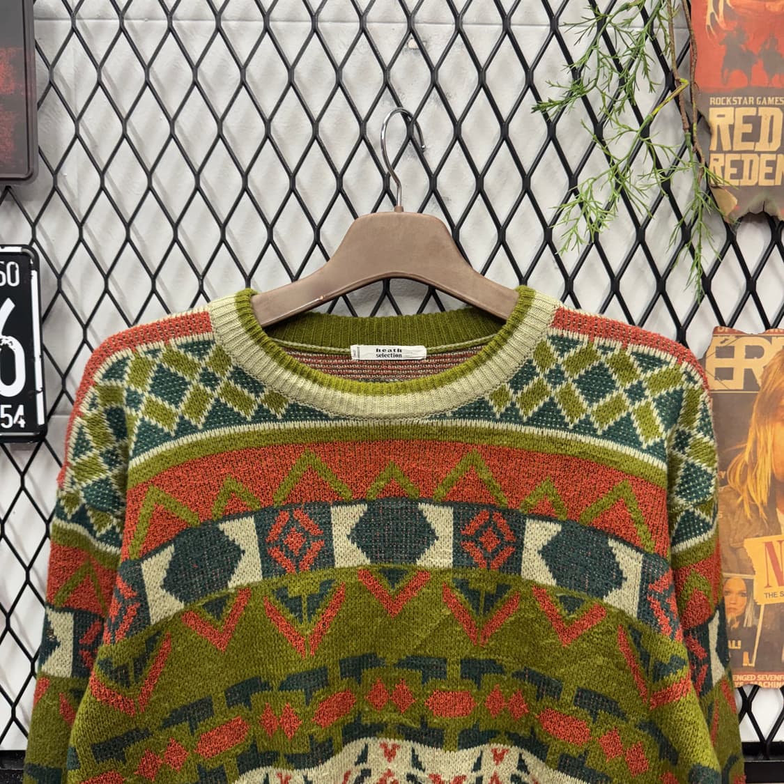 JPN VINTAGE 노르딕 패턴 울 니트 스웨터 그린 브라운 상품이미지3