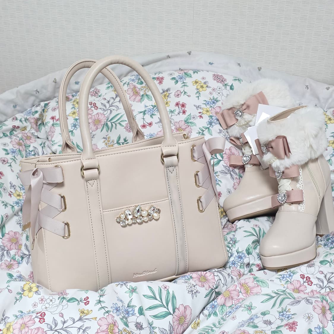 misch masch)일본 양산형 리즈리사깔 베이지핑크 로맨틱 리본 가방 상품이미지1