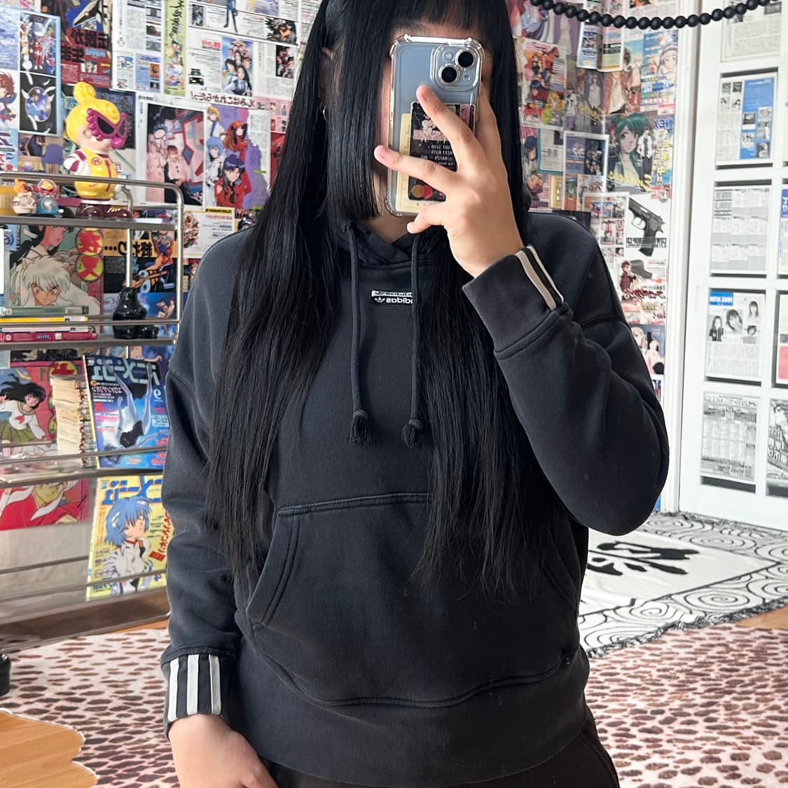 아디다스 오버핏 더블 트레포일 블랙 후드티 상품이미지2