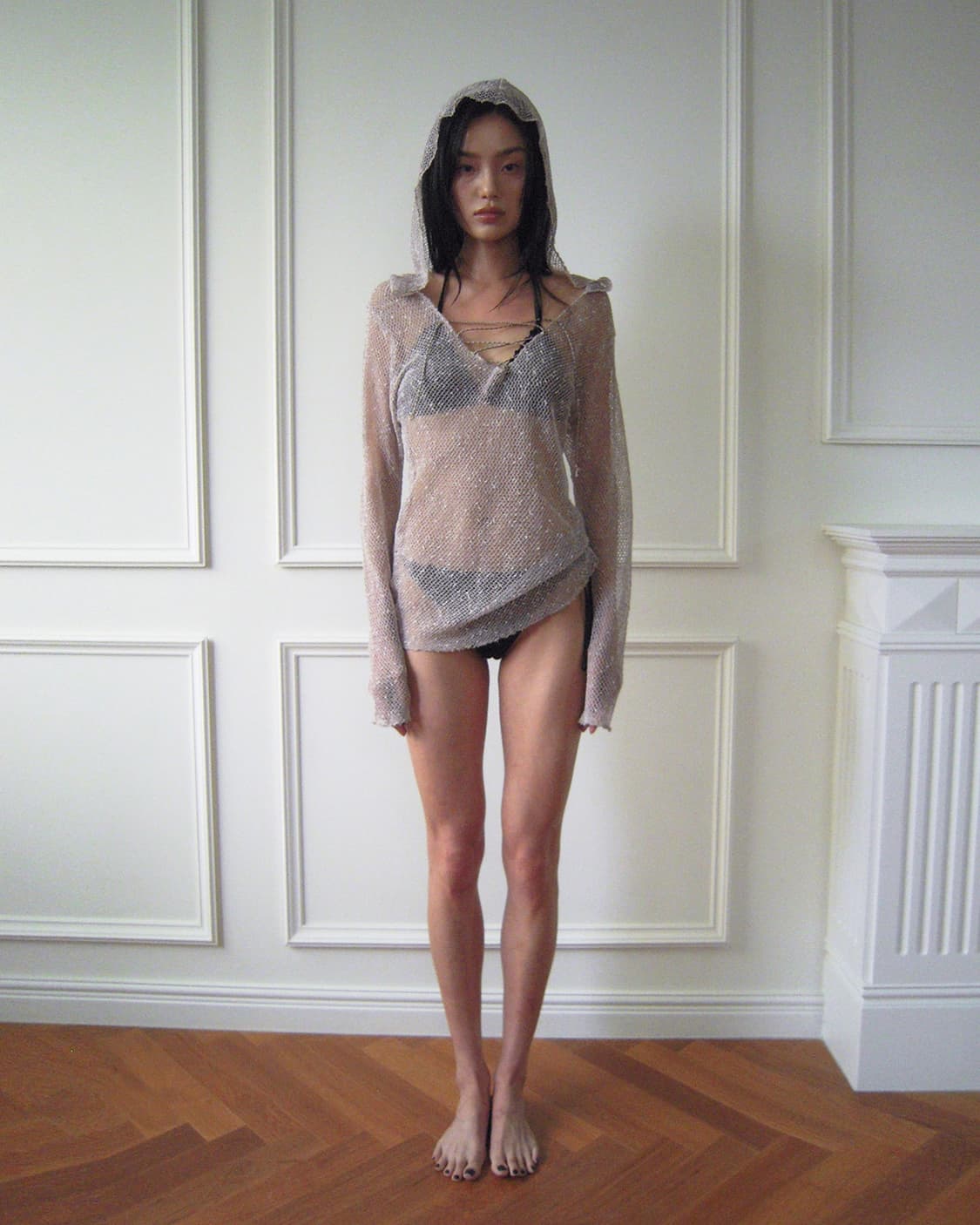 NONERD 노너드 네트 후드티 베이지 스트랩비치웨어시스루그물니트롱슬리브 상품이미지5