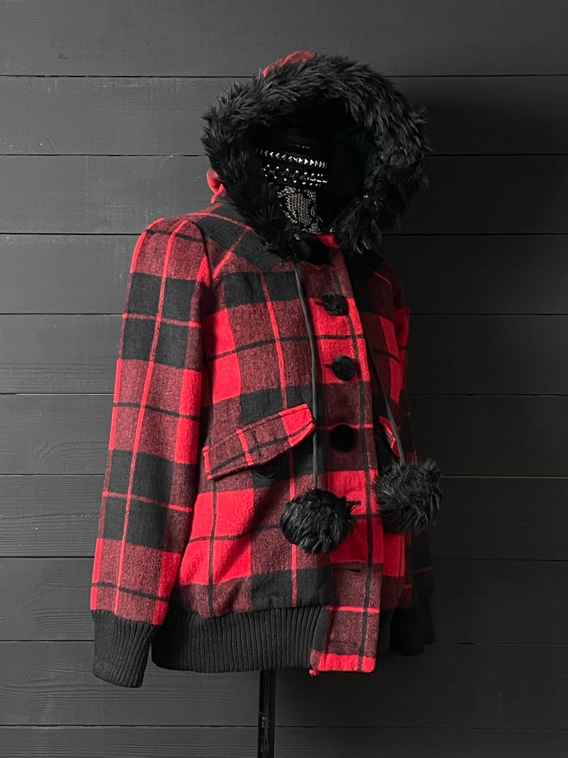 TRALALA 트랄랄라 펑크 퍼 레드 체크 패턴 큐롯 자켓 코트 상품이미지2