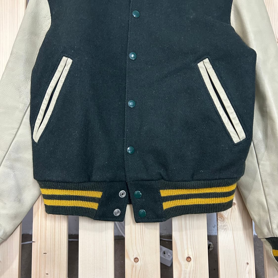 (S) USA 골든베어 딥그린 레더 배색 가죽 바시티 자켓  상품이미지4