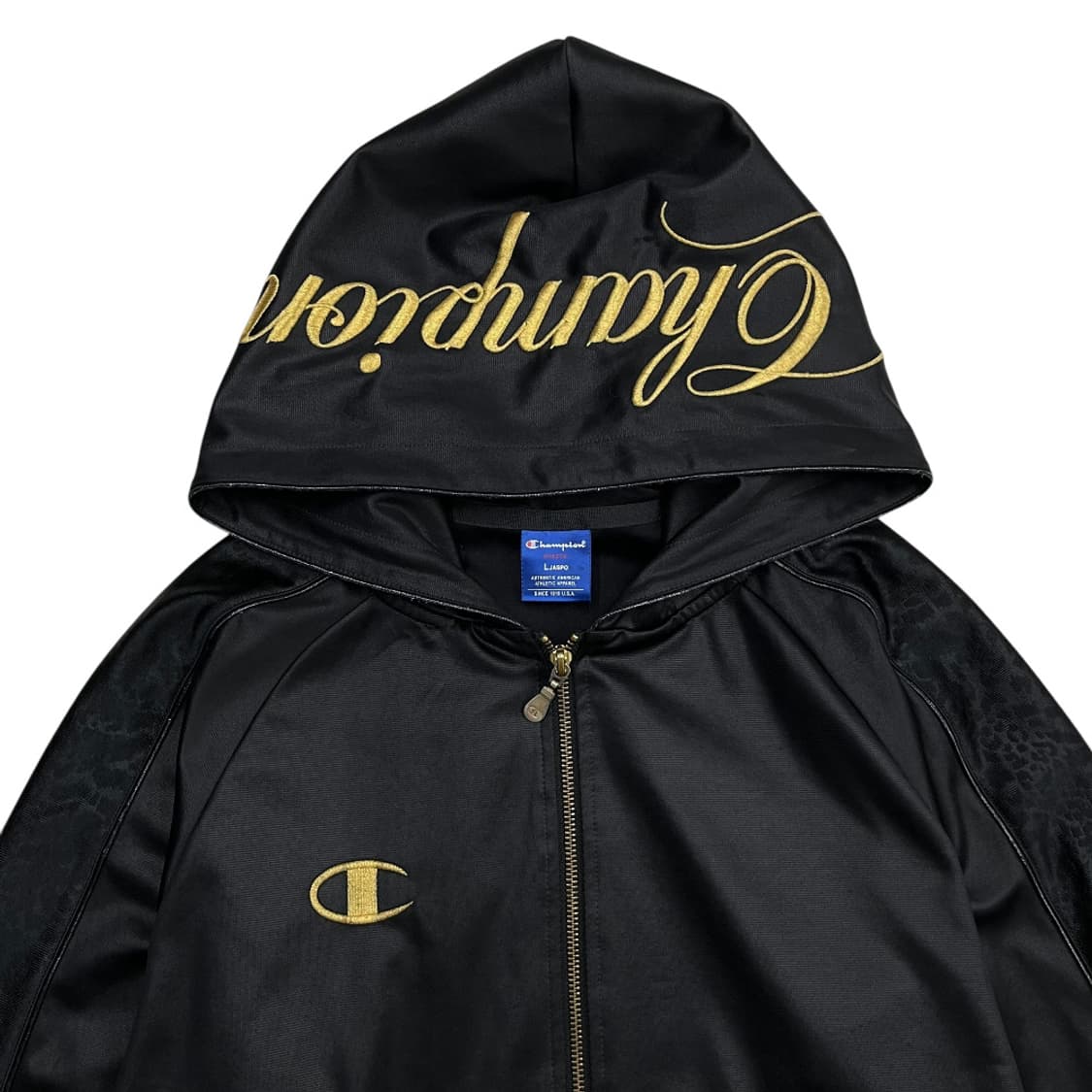 챔피언 골드 배색 호피라인 블랙 새틴 후드집업 L 상품이미지6