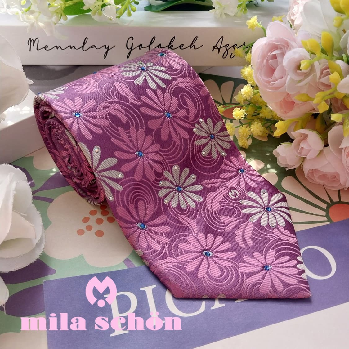 밀라숀 실크 핑크 플라워 자수 패턴 넥타이 9.9cm A+등급 K2362 상품이미지2